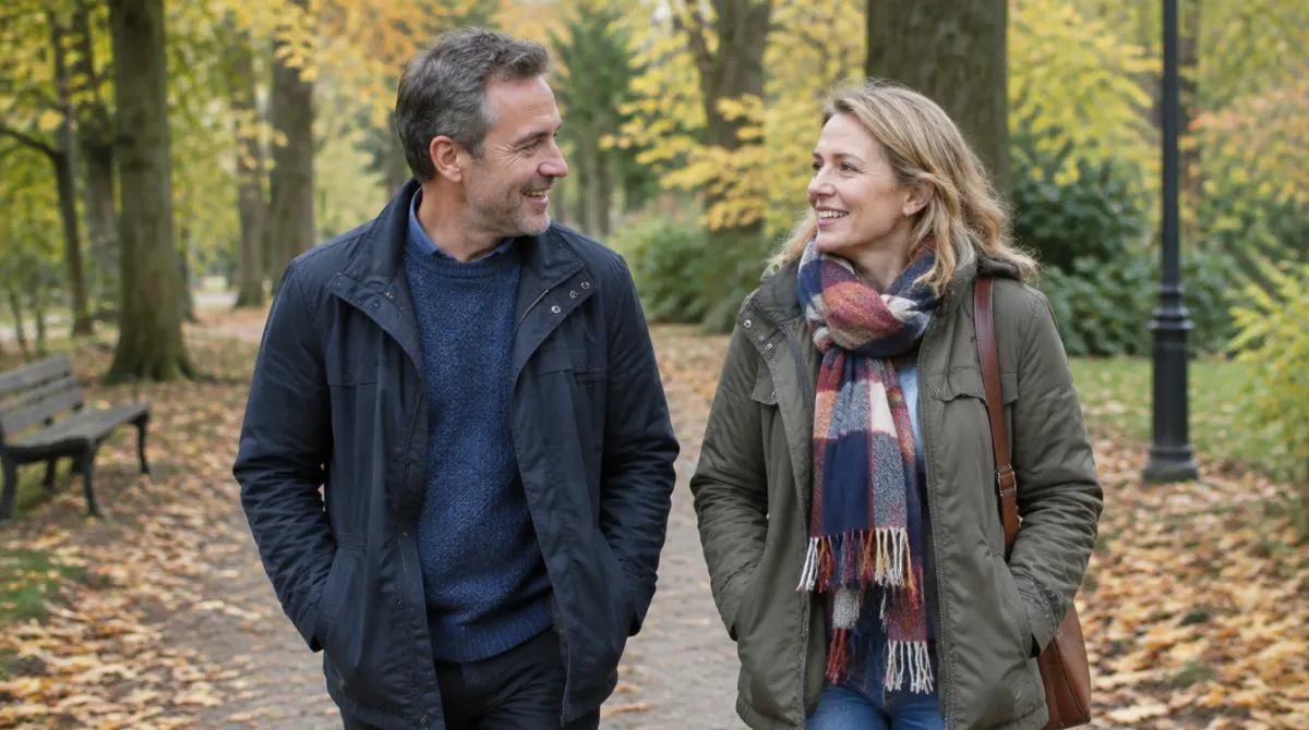 A couple in their late 40s walking and chatting in an autumn park